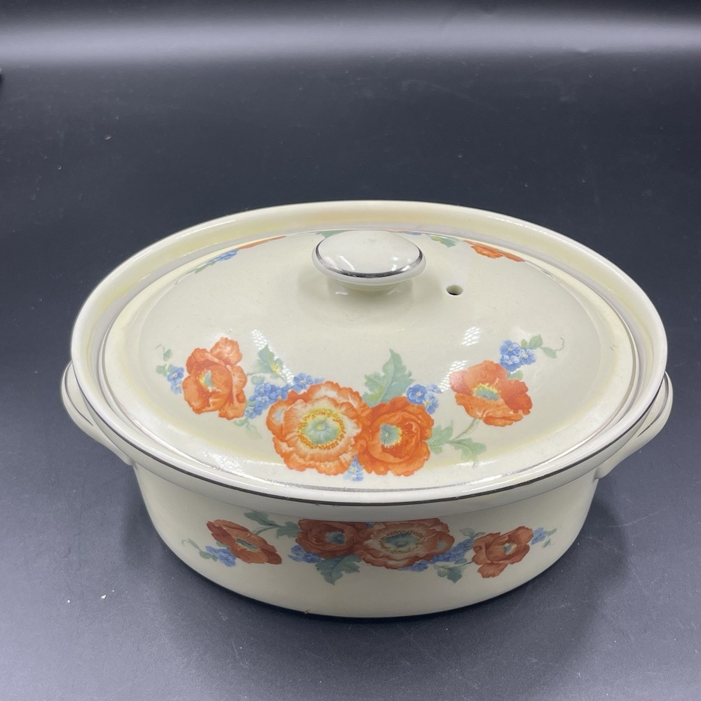 Hall Orange Poppy Casserole wLid Oval Platinum Trim Orange Blue Green